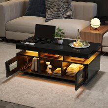 1005043cm Schwarz Hochglanz-Couchtisch, mit per mobiler App steuerbaren LED-Leuchten, Wohnzimmertisch mit Schrank, Sofatisch mit La