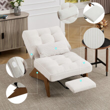 Moderner verstellbarer rückenfreier Loungesessel aus Stoff mit Fußstütze mit Lendenkissen und Holzbeinen für Wohnzimmer/Schlafzimmer/St