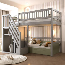 Massivholzbett 90*200, Treppe mit Aufbewahrungsschrank, Kinderbett, Jugendbett, Einzelbett, Massivholzrahmen, hohe Ausführung, grau