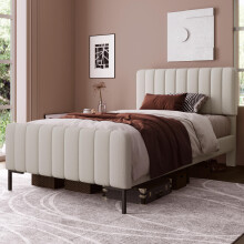 Polsterbett Einzelbett 90 x 200 cm, Bettgestell mit Lattenrost und Verstellbares Kopfteil, Gepolstertes bett in Grau-Beige,Bettrahmen J