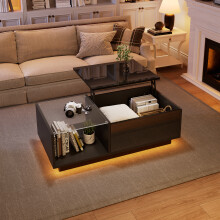 LED Couchtisch,Hochglanz Couchtisch, Wohnzimmertischmit , Höhenverstellbarer Kaffeetisch mit Verstecktem Stauraum und Ablage, 50 x 100