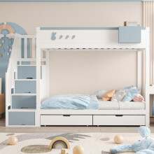 Etagenbett Kinderbett 90*200 cm, Mit Kaninchen- und Karottenmotiven, Abnehmbarem Ablagefach, Sicherer Aufbewahrungsleiter, Schubladen,