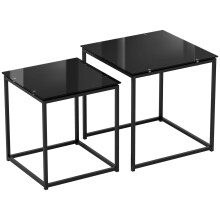Beistelltisch 2er-Set Couchtisch-Set Kaffeetisch mit Glastischplatte quadratischer Sofatisch aus Stahl schwarz für Wohnzimmer