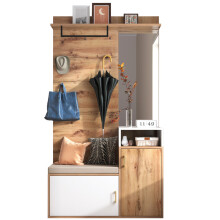 Elegantes weißes und holzfarbenes Garderoben-Set mit Spiegel, Schuhschrank, Wandgarderobe, Sitzbank und Kleiderhaken (Not a one-piece p
