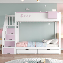 Etagenbett Kinderbett 90*200 cm, Mit Kaninchen- und Karottenmotiven, Abnehmbarem Ablagefach, Sicherer Aufbewahrungsleiter, Schubladen,