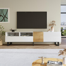 Moderner TV-Schrank, Weiß- und Holzoptik, 180 x 50 x 38 cm, Minimalistisches Design