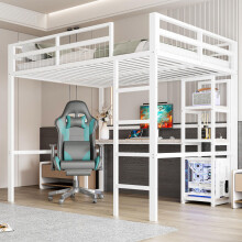 Hochbett, 140 x 200cm, Eisenrahmen, mehrere Einlegeböden, Schreibtisch mit Steckdose, mit usb type-c, Geländer, Trittleiter, ohne Matra