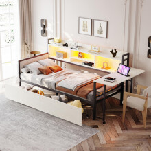 Eisen Sofabett 90 x 200 cm, mit LED-Beleuchtung und Stauraum, mit Schubladen und multifunktionaler Steckdose, Ausklappbarem Schreibtisc