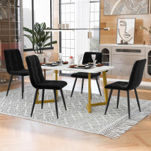 117cm Esstisch mit 4 Stühlen Set, Rechteckiger Esstisch Moderner Küchentisch Set ,Esszimmerstuhl Schwarz Samt Küchenstuhl,Golden Tisch