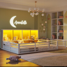 Zaunbett, 140 x 200cm, Daybett, Plattform,Bettseite mit Staufach, Bett mit Lattenrost ( Ohne Matratze), Brüstung,Metall, weiß