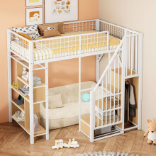 Multifunktionales Hochbett 90 x 200 cm, Metallbett mit Stauraum, Ablageflächen und Treppe, Erwachsenenbett und Kinderbett, Weiß