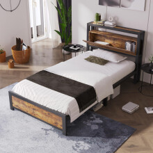 Metallbett Jugendbetten Einzelbett 90 x 200 cm mit Stauraum-Kopfteil und Metall Lattenrost, Kinderbett Metall Bettgestell Bettrahmen