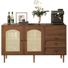 Sideboard im Landhausstil mit Rattantüren – 130 x 75,5 x 40 cm – Magnetverschluss, verstellbare Einlegeböden, stabile Struktur – Ele