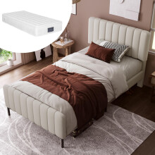 Polsterbett Einzelbett 90 x 200 cm, Bettgestell mit Lattenrost und Verstellbares Kopfteil, Gepolstertes bett in Grau-Beige,Bettrahmen J