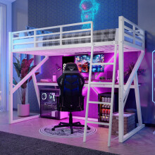 Hochbett, 90 x 200cm, Eisenrahmen, LED-Leiste, Geländer, Treppe, Schreibtisch, ohne Matratze, Weiß