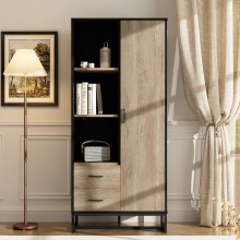 Moderner Highboard Schrank 80x40x180 cm – Holzoptik mit schwarzem Rahmen, mit Tür, 2 Schubladen & 3 offenen Fächern – Vielseitiger St