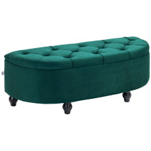 Sitzbank mit Stauraum und geöffnetem Deckel, Polsterbank aus Gummiholz, Velvet-Touch, Dunkelgrün, 120 x 46 x 42 cm für Wohnzimmer & Flu