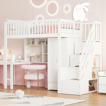 Hochbett 90 x 200 mit großem Kleiderschrank Regal und Tisch, Stauraum Treppe Mehrzweckbetteinheit Holzbettgestell weiß