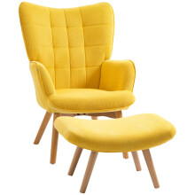 Relaxsessel Loungesessel Ohrensessel mit Hocker in Gelb, Armlehnstuhl mit Holzbeinen, Cord-Optik für gemütliches Sitzen