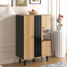 Beistellschränke, Sideboard, Vitrinen mit Glas und LED-Beleuchtung. Enthält Laminate, eine Kombination aus Schwarz und Holzfarben, einz