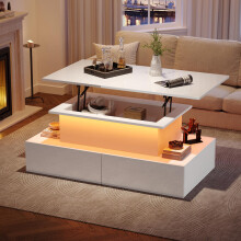 Modernes Weiß Hochglanz-Couchtisch mit LED-Beleuchtung und 4 Schubladen – Stilvoller 90x55x41 cm Beistelltisch mit Stauraum, Belastbar