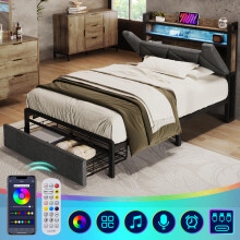 Polsterbett mit USB Typ C Ladefunktion Stauraum-Kopfteil und LED-Beleuchtung und Schubladen, Einzelbett 90 x 200 Stauraumbetten Bettges