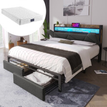Polsterbett mit USB Typ C Ladefunktion Stauraum-Kopfteil und LED-Beleuchtung und Schubladen, Doppelbett 160x 200 Stauraumbetten Bettges