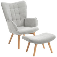Ohrensessel mit Hocker, Relaxsessel, Polstersessel in Cord-Optik, Loungesessel, Armlehnstuhl mit Holzbeine, Fernsehsessel für Wohnzimme