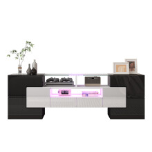 Stilvoller TV-Schrank, Lowboard. hochglänzendes Weiß, 145 cm, LED-Beleuchtung, Wohnzimmermöbel. modernes Design. elegante Glasoberfläc