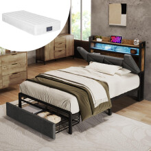 Polsterbett mit USB Typ C Ladefunktion Stauraum-Kopfteil und LED-Beleuchtung und Schubladen, Einzelbett 90 x 200 Stauraumbetten Bettges