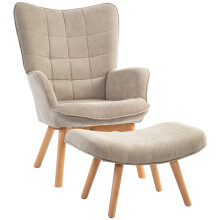 Ohrensessel mit Hocker, Relaxsessel, Polstersessel in Cord-Optik, Loungesessel, Armlehnstuhl mit Holzbeine, Fernsehsessel für Wohnzimme