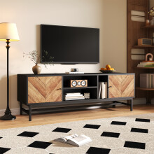 150 cm TV-Schrank – Schwarz-Holz-Kontrastdesign mit vielseitigem Stauraum, inkl. Schränken, horizontalen und vertikalen Fächern, moder