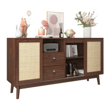 Sideboard mit 3 Schiebetüren aus echtem Rattan und 2 Schubladen, 155x38x80 cm, atmungsaktiv, stabil und vielseitig