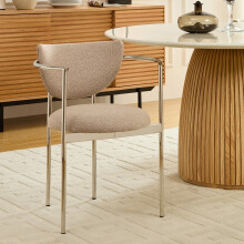 2er Set Esszimmerstühle im Skandi-Design, 2 Farbvarianten: Khaki mit Edelstahl / Creme mit schwarzem Metallgestell, Stoffbezug, kompakt