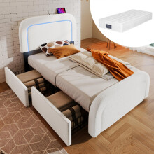 Bettgestell mit USB Typ C Ladefunktion LED-Beleuchtung und 2 Schubladen, Einzelbett Polsterbett 90x200cm, Höhenverstellbarem Kopfteil,