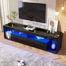 LED-Hochglanz-TV-Schrank, passend für bis zu 70 Zoll große Fernseher, schwarzer Wohnzimmer-TV-Schrank mit 2 Schubladen, Fernsehschrank,