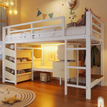 90*200 cm, Halbhohes Bett, mit Sitzkissen, Stoff-Stauraumschublade, Stoff-Stauraumtasche, mehrfarbiger LED-Beleuchtung, Kleiderhakenber