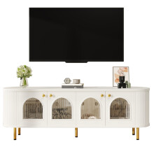 TV-Schrank, Lowboard mit Glastüren, praktische Aufbewahrungsmöbel fürs Wohnzimmer, goldene Griffe und Beine