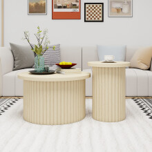 Rundes Couchtisch-Set im 2er-Pack mit natürlicher Holzoptik und wellenförmiger Struktur – integrierter Beistelltisch, ideal für Wohnzi