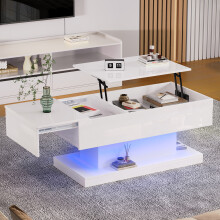 Hochglanz-Lift-Teetisch LED Couchtische Kaffeetisch 100x50x45 cm mit LED-Beleuchtung – Halbhebbares Tischblatt und seitlich verschieb