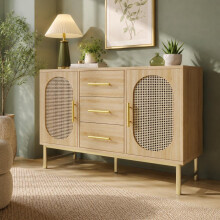 Rattan kommode Sideboard mit 3-Schubladen und 2-Rattan-Türer,komodenschrank, Schminktisch, für Schlafzimmer und Wohnzimmer, Verstellbar