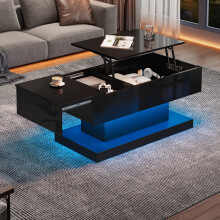 Hochglanz-Lift-Teetisch LED Couchtische Kaffeetisch 100x50x45 cm mit LED-Beleuchtung – Halbhebbares Tischblatt und seitlich verschieb