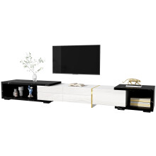 Moderner TV-Schrank mit variabler Länge (140-260 cm), drehbarer Funktion, schwarzer Marmoroptik, weißem Hochglanz-Matt-Finish und golde