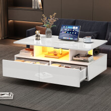 Modernes Hochglanz-Couchtisch mit LED-Beleuchtung und 2 Schubladen – Stilvoller 90x55x41 cm Beistelltisch mit Stauraum, Belastbar bis