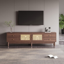 180cm langer TV-Schrank in dunkler Holzoptik mit zwei Rattantüren, vier Schubladen, Kabelmanagement und hydraulischen Scharnieren – Fü