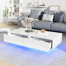 Moderner Hochglanz Couchtisch in Weiß, 115 x 55 x 34 cm, mit 2 Schubladen, LED-Beleuchtung und 30 kg Tragkraft – Eleganter Wohnzimmert