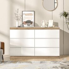 Kommode mit 6 Schubladen, Schließfach,Funktion von Aufbewahrung, für Schlafzimmer und Wohnzimmer, E1-Spanplatte, weiß+oak[OLD SKU:30211