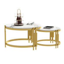 Moduliertes Couchtisch-Set, Marmoroptik, goldener Metallrahmen, runde Tische in zwei Größen
