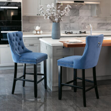 Contemporary Velvet Upholstered Barstools with Button Tufted Decoration and Wooden Legs, and Chrome Nailhead Trim, Leisure Style Bar Ch