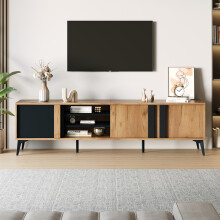 Rustikales Braun-TV-Schrank, Lowboard,TV-Board, TV-Kommode,180 cm – Für Fernseher bis 80 Zoll mit Tür und offenem Fach